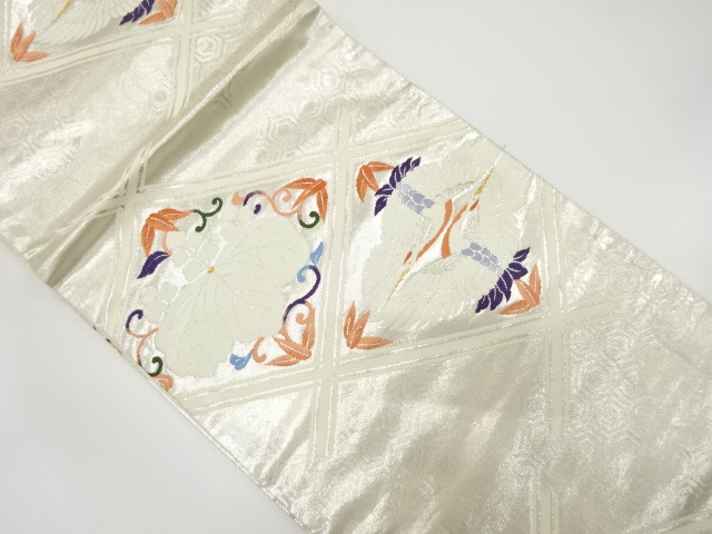 アンティーク　斜め格子に向かい鶴・桐唐草模様織り出し袋帯（着用可）